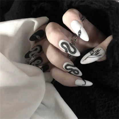 24pcs/set Long Stiletto Punk Snake Pattern Black White gold matte Nail tips