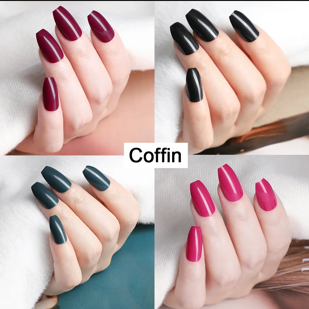 10 Sets/Pack Mixed Solid Colors Coffin Round Square Almond Shape Full Cover Press on Nails