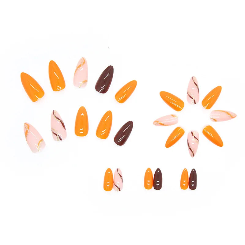 24pcs Autumn Press on nails with glue winter warm tone paired with golden ribbon