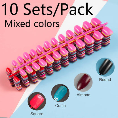 10 Sets/Pack Mixed Solid Colors Coffin Round Square Almond Shape Full Cover Press on Nails