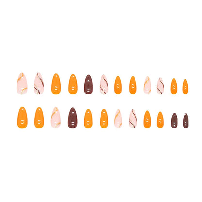 24pcs Autumn Press on nails with glue winter warm tone paired with golden ribbon