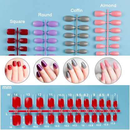 10 Sets/Pack Mixed Solid Colors Coffin Round Square Almond Shape Full Cover Press on Nails